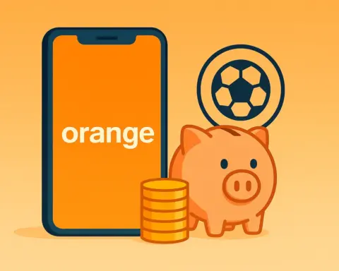 Smartphone con logo Orange junto a pila de monedas y huya que simboliza su tarifa más barata.