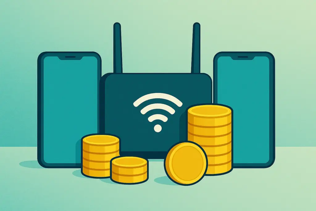 Router y dos líneas móviles junto a pila de monedas, representando la tarifa más barata.