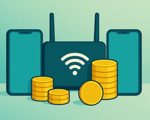 Router y dos líneas móviles junto a pila de monedas, representando la tarifa más barata.