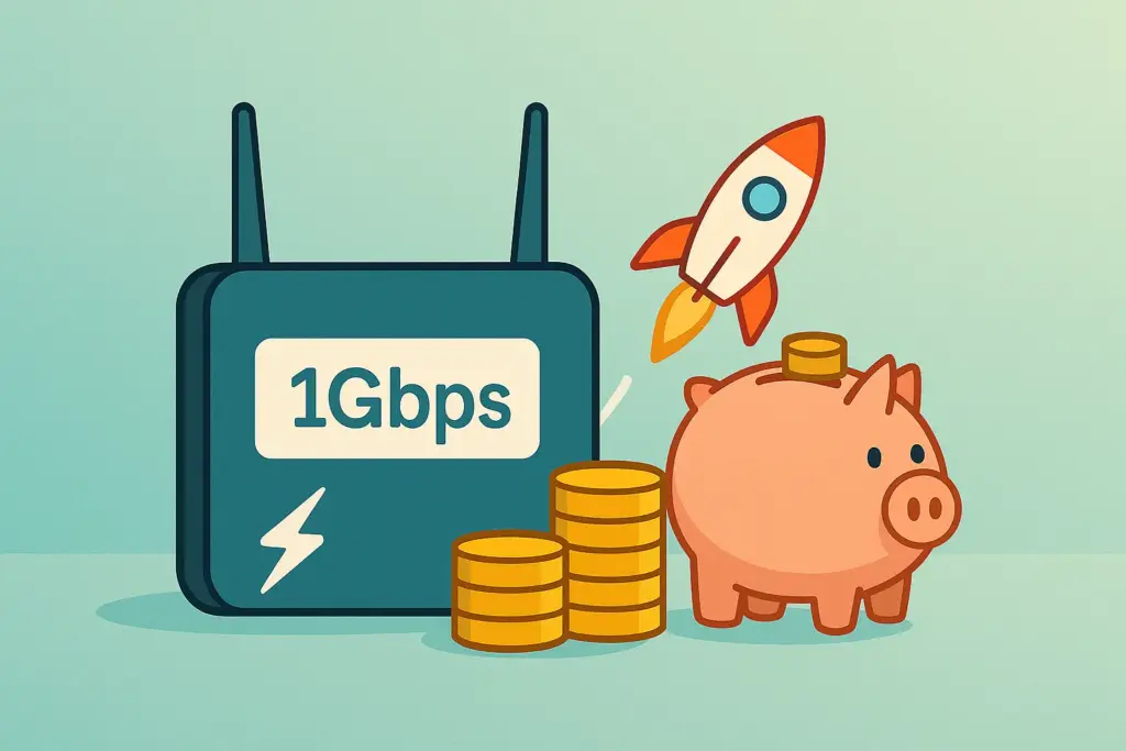 Router 1Gbps con cohete y monedas; tarifas de fibra 1Gbps low cost.