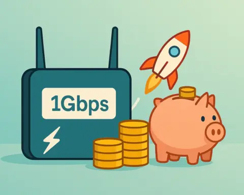 Router 1Gbps con cohete y monedas; tarifas de fibra 1Gbps low cost.
