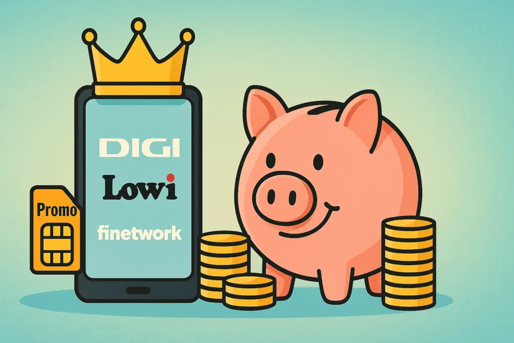 Móvil con corona y las tarifas móviles más baratas junto a una hucha que simboliza el ahorro.