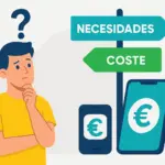 Persona pensativa con carteles “necesidades” y “coste” sobre móvil que muestra símbolo euro