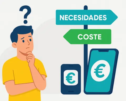 Persona pensativa con carteles “necesidades” y “coste” sobre móvil que muestra símbolo euro