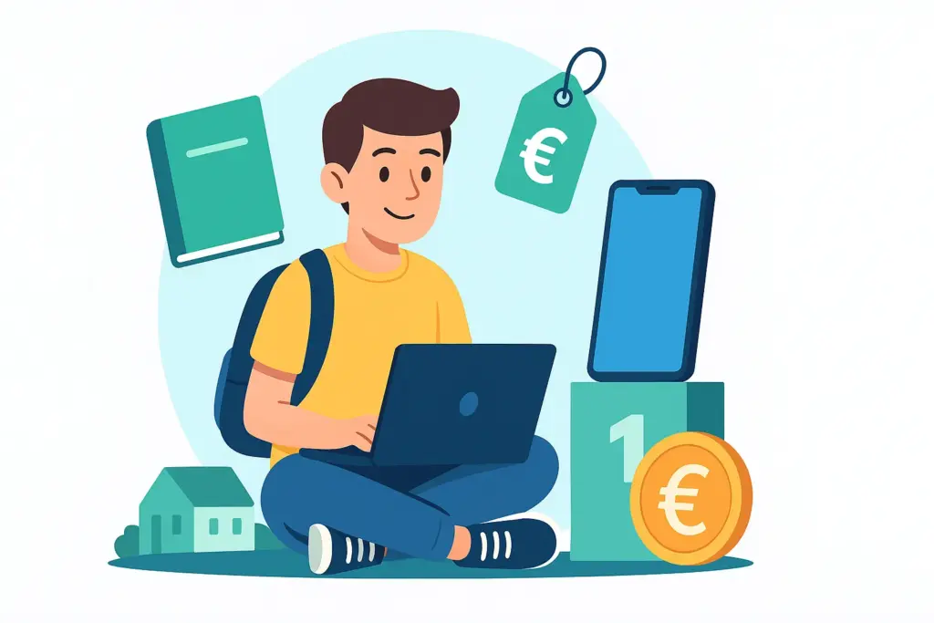 Estudiante con portátil y mochila junto a móvil, libro y moneda euro representando tarifas low cost.