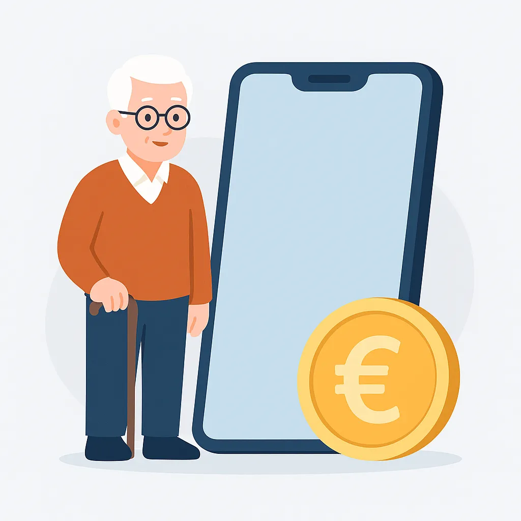 Hombre mayor con bastón junto a smartphone y moneda euro, representando tarifas low cost para mayores.