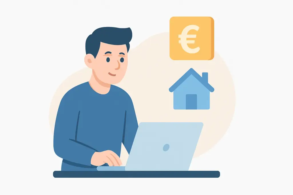 Hombre trabajando con portátil desde casa, junto a icono de euro y símbolo de vivienda.