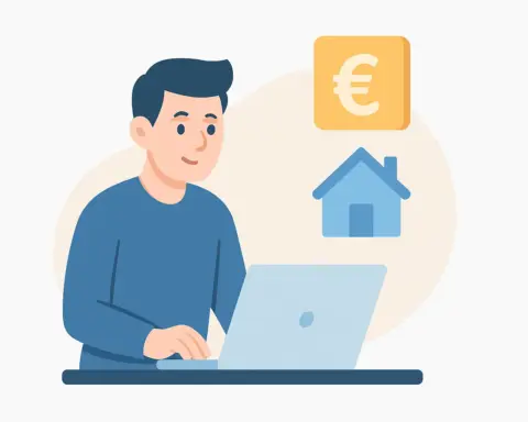 Hombre trabajando con portátil desde casa, junto a icono de euro y símbolo de vivienda.