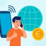 Joven hablando por móvil frente a globo terráqueo, smartphone y símbolo euro, representando tarifas internacionales.