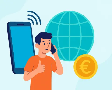 Joven hablando por móvil frente a globo terráqueo, smartphone y símbolo euro, representando tarifas internacionales.