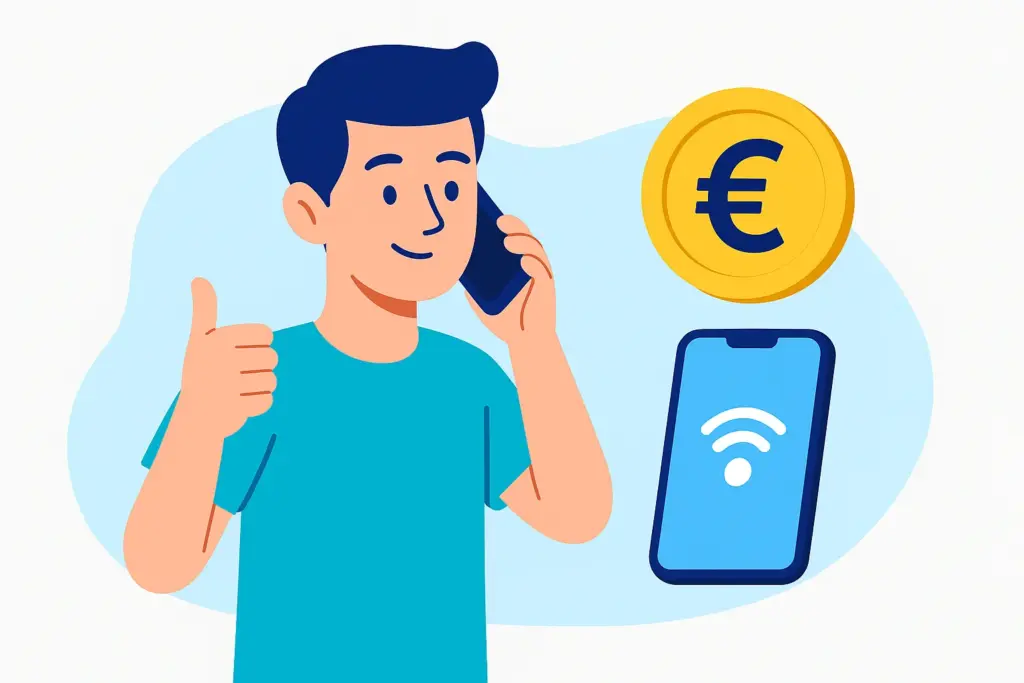 Joven llamando por móvil y haciendo gesto de aprobación junto a iconos de Wi-Fi y euro.