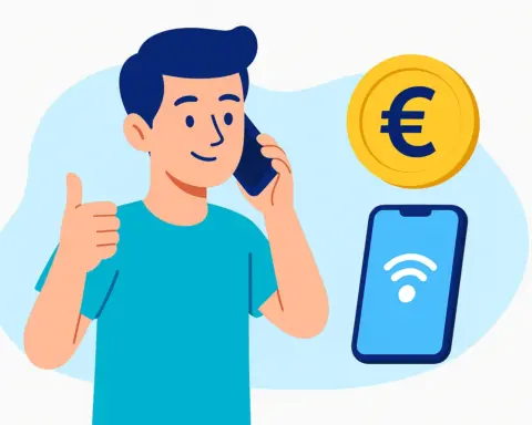 Joven llamando por móvil y haciendo gesto de aprobación junto a iconos de Wi-Fi y euro.