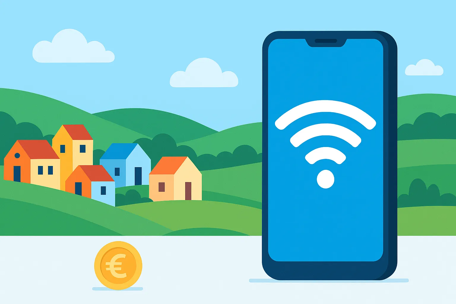 Pueblo rural con colinas verdes y un móvil en primer plano con símbolo de Wi-Fi en pantalla.