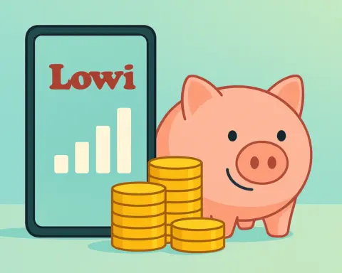 Smartphone Lowi, hucha y monedas simbolizando ofertas y tarifa más barata de Lowi.