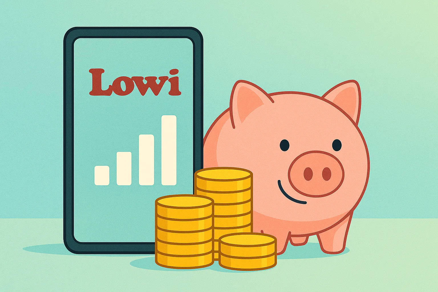 Smartphone Lowi, hucha y monedas simbolizando ofertas y tarifa más barata de Lowi.