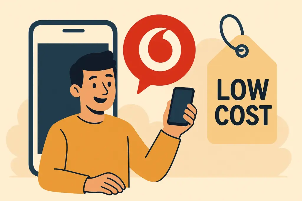Hombre sonriente con móvil frente a un logo de Vodafone y una etiqueta que dice "Low Cost", representando tarifas móviles económicas.