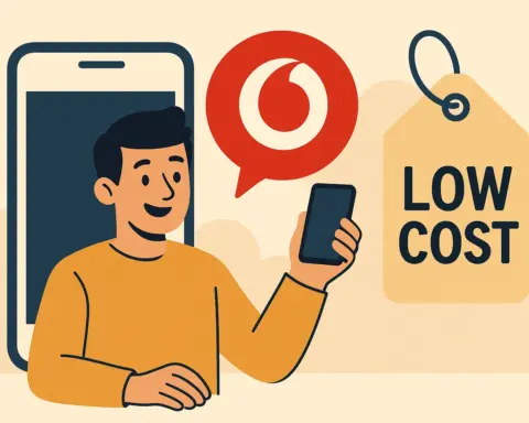 Hombre sonriente con móvil frente a un logo de Vodafone y una etiqueta que dice "Low Cost", representando tarifas móviles económicas.
