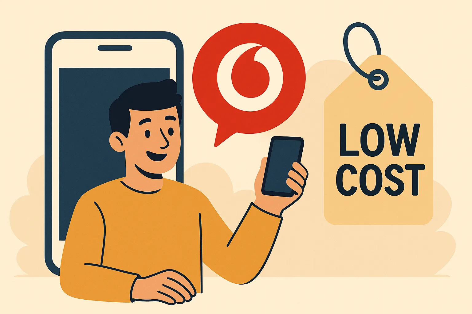 Hombre sonriente con móvil frente a un logo de Vodafone y una etiqueta que dice "Low Cost", representando tarifas móviles económicas.