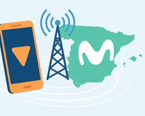 Smartphone y torre de señal con mapa simple de España y símbolo de cobertura tipo “M”.