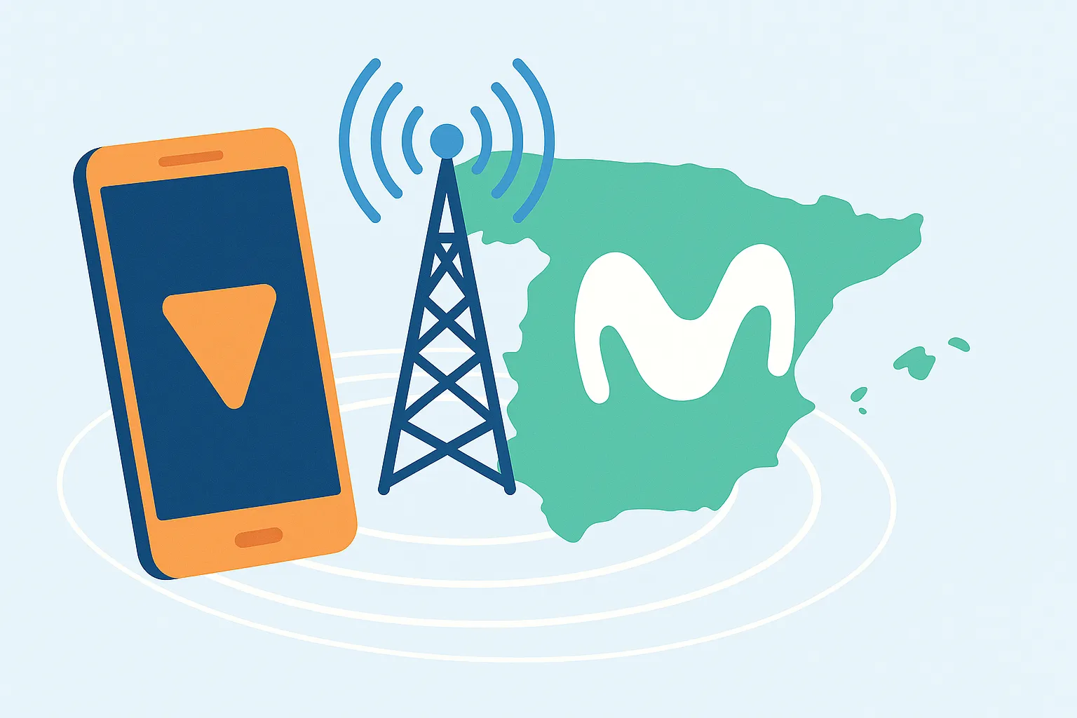 Smartphone y torre de señal con mapa simple de España y símbolo de cobertura tipo “M”.