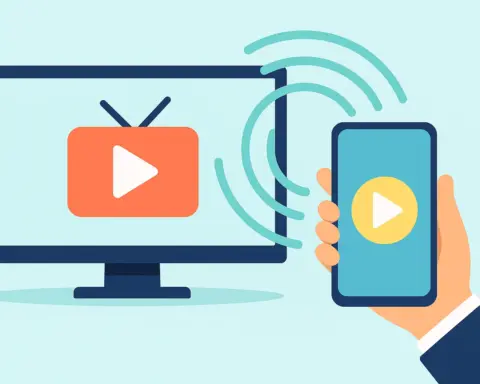 Smartphone emitiendo señal hacia una TV con íconos de reproducción, estilo plano y moderno.