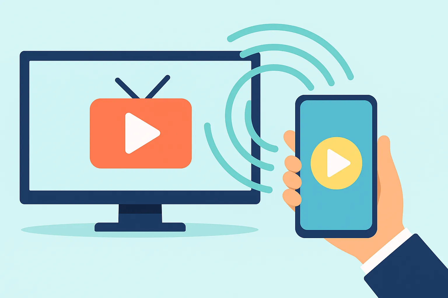 Smartphone emitiendo señal hacia una TV con íconos de reproducción, estilo plano y moderno.