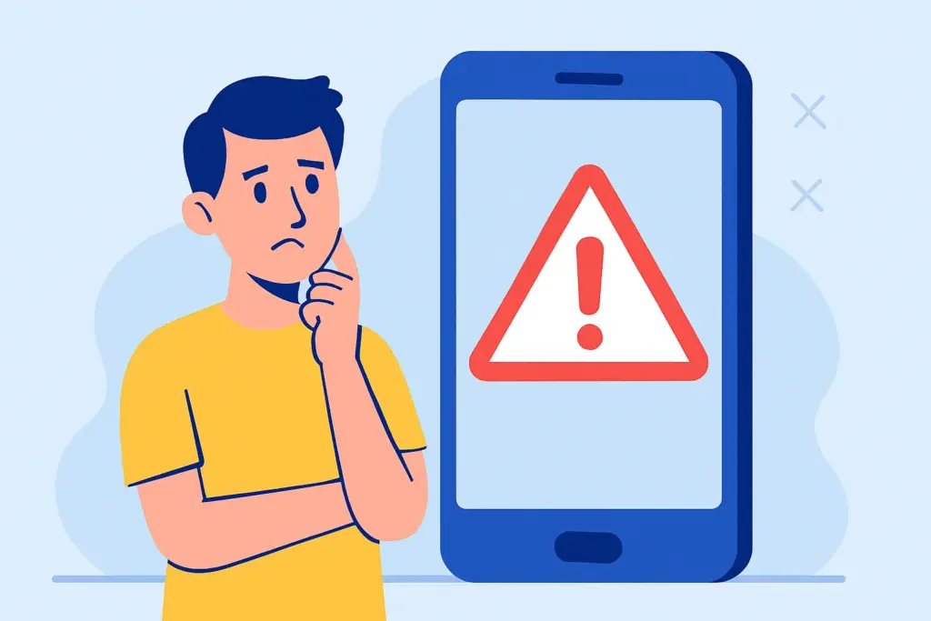 Persona confundida frente a móvil grande con símbolo de advertencia en pantalla sobre fondo azul.