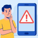 Persona confundida frente a móvil grande con símbolo de advertencia en pantalla sobre fondo azul.