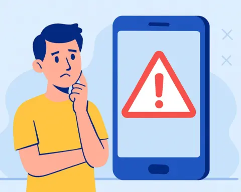 Persona confundida frente a móvil grande con símbolo de advertencia en pantalla sobre fondo azul.