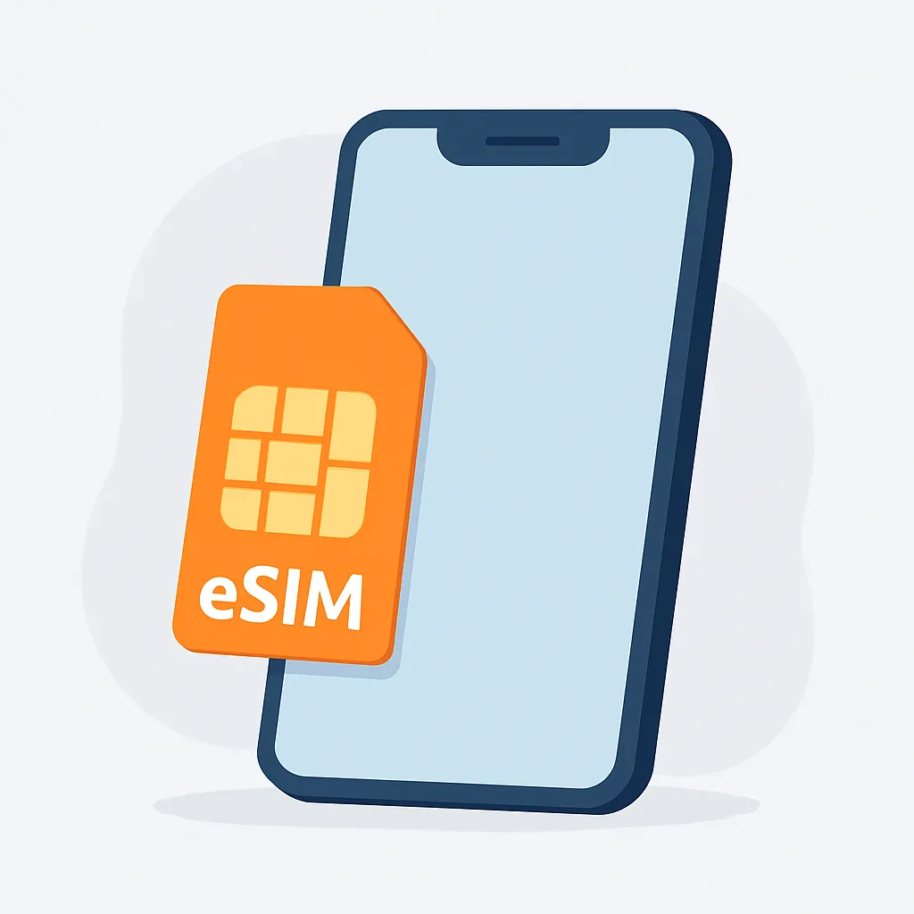Smartphone moderno con icono eSIM sobre fondo claro, representando operadores low cost con eSIM.