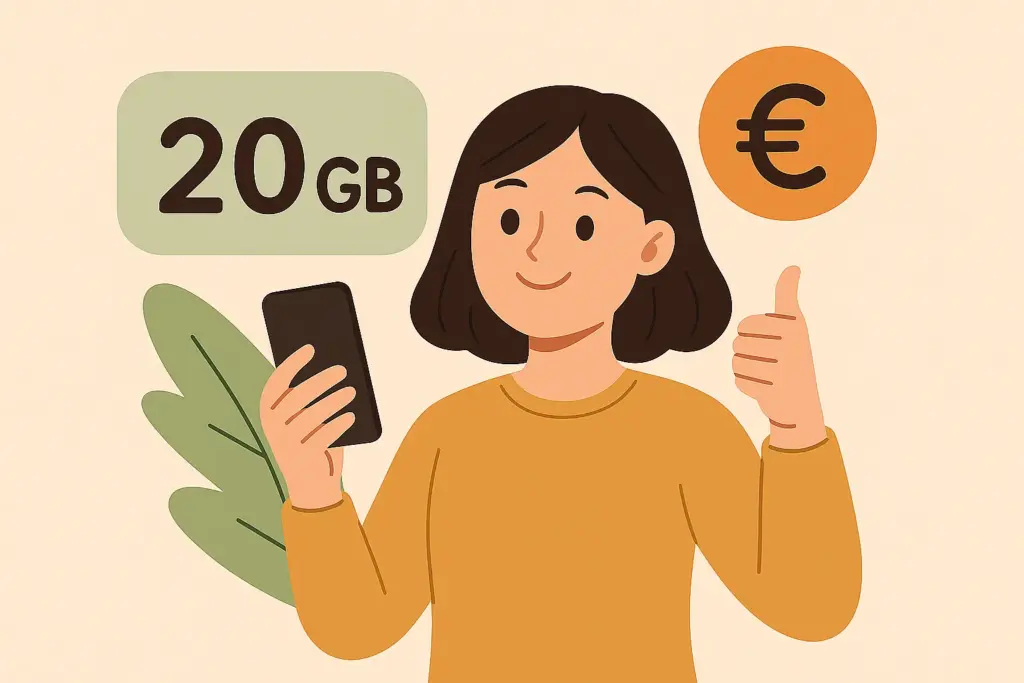 Mujer sonriente con móvil y pulgar arriba, junto a un icono de 20GB y símbolo de euro, representando una tarifa de datos económicos.