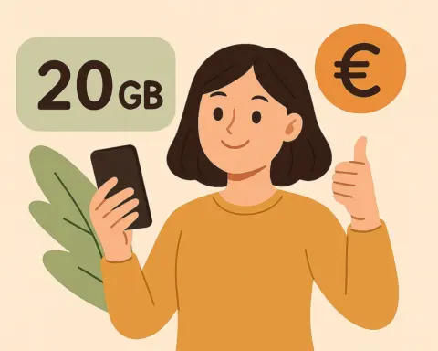 Mujer sonriente con móvil y pulgar arriba, junto a un icono de 20GB y símbolo de euro, representando una tarifa de datos económicos.