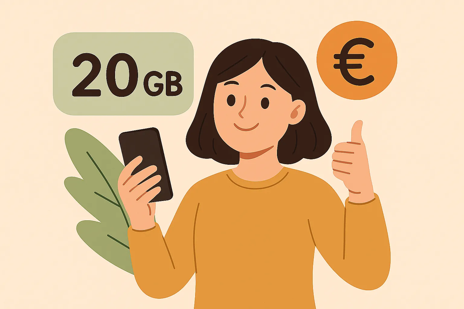 Mujer sonriente con móvil y pulgar arriba, junto a un icono de 20GB y símbolo de euro, representando una tarifa de datos económicos.