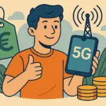 Joven sonriente con móvil 5G y símbolo de euro, representando tarifas móviles low cost con buena cobertura.