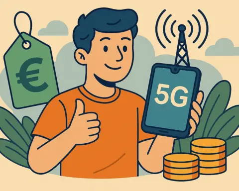 Joven sonriente con móvil 5G y símbolo de euro, representando tarifas móviles low cost con buena cobertura.