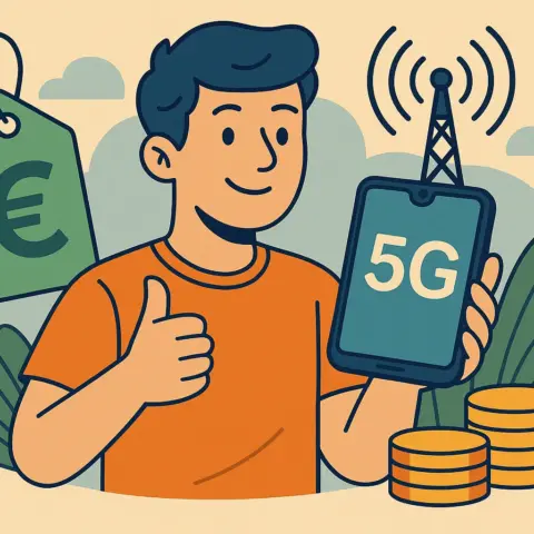 Joven sonriente con móvil 5G y símbolo de euro, representando tarifas móviles low cost con buena cobertura.