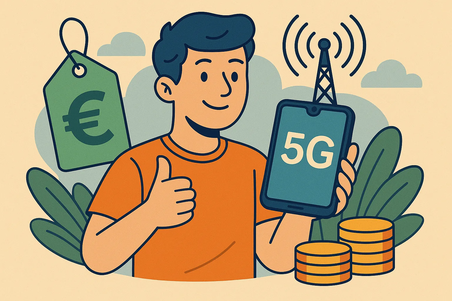 Joven sonriente con móvil 5G y símbolo de euro, representando tarifas móviles low cost con buena cobertura.