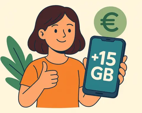 Mujer sonriente con móvil mostrando +15 GB y símbolo de euro, representando una tarifa barata con datos acumulables.