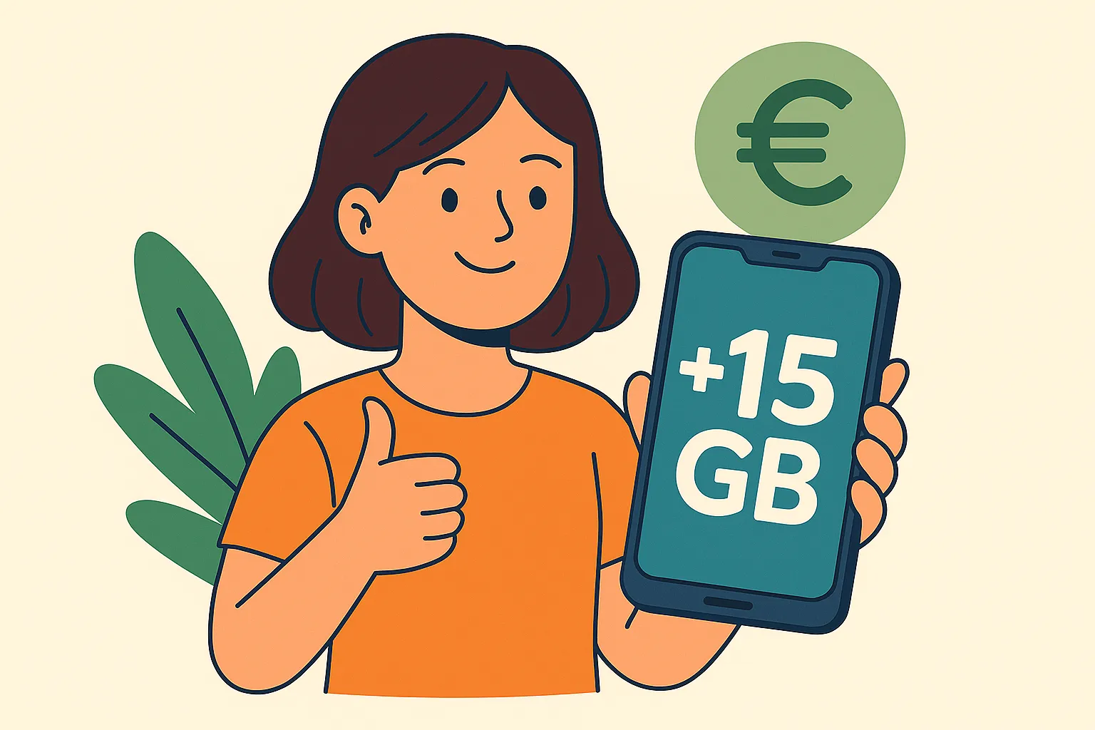 Mujer sonriente con móvil mostrando +15 GB y símbolo de euro, representando una tarifa barata con datos acumulables.