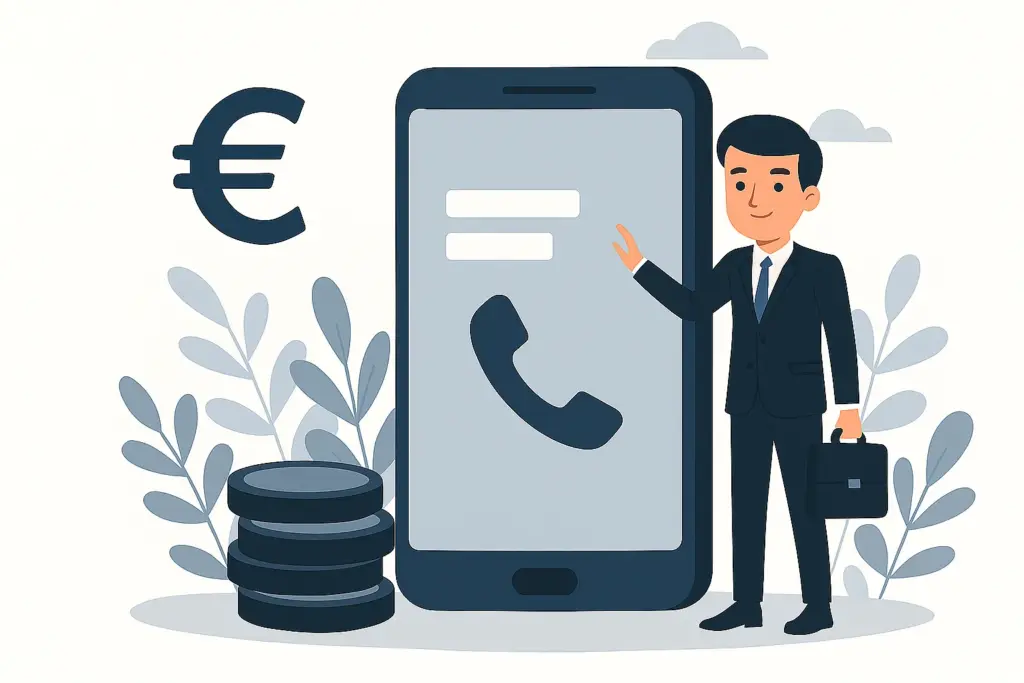 Empresario junto a un móvil gigante con símbolo de llamada y euro, representando tarifas móviles baratas para empresas.