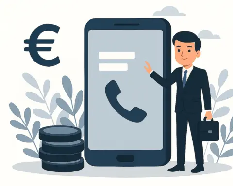 Empresario junto a un móvil gigante con símbolo de llamada y euro, representando tarifas móviles baratas para empresas.