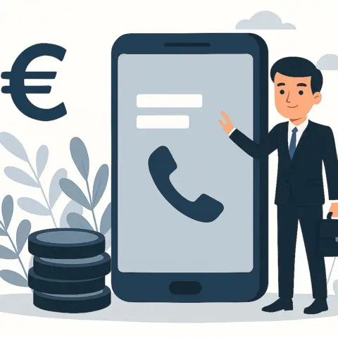 Empresario junto a un móvil gigante con símbolo de llamada y euro, representando tarifas móviles baratas para empresas.