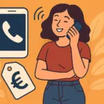 Mujer feliz hablando por teléfono, junto a iconos de llamada y euro, representando una tarifa móvil barata con llamadas ilimitadas.