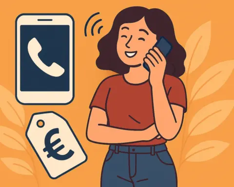 Mujer feliz hablando por teléfono, junto a iconos de llamada y euro, representando una tarifa móvil barata con llamadas ilimitadas.