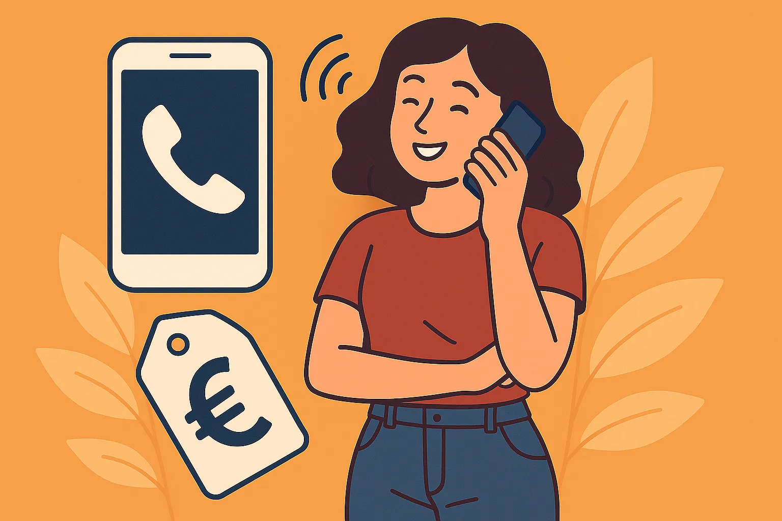 Mujer feliz hablando por teléfono, junto a iconos de llamada y euro, representando una tarifa móvil barata con llamadas ilimitadas.
