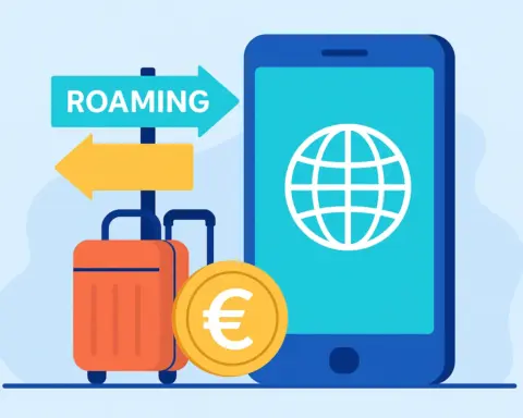 Ilustración con móvil, maletas, símbolo de euro y señal de roaming representando tarifas en el extranjero.