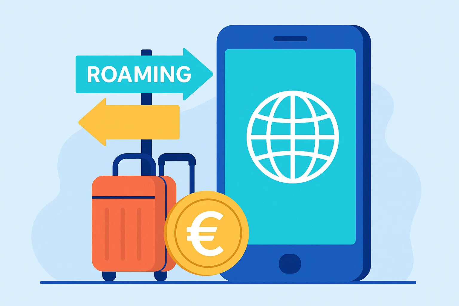 Ilustración con móvil, maletas, símbolo de euro y señal de roaming representando tarifas en el extranjero.