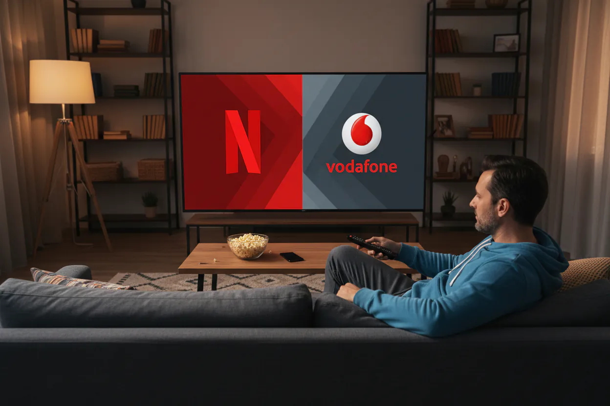 Hombre viendo netflix en su televisión gracias a Vodafone